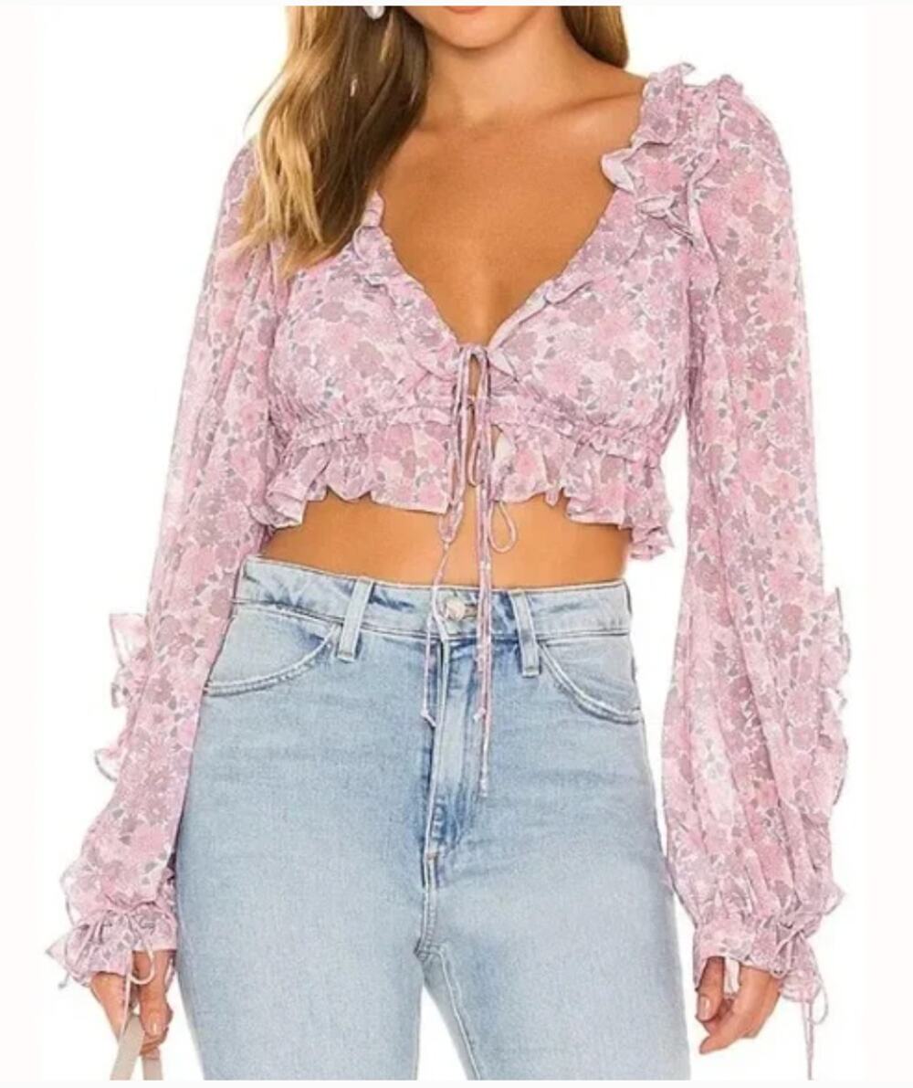 For Love & Lemons SIMONA Pink and Purple Fun Floral Top Size Medium